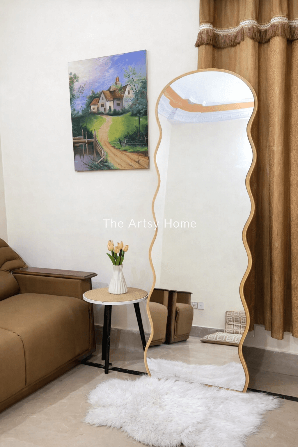 Luxury wavy floor mirror with wooden stand, 6 x 2 ft, premium finish