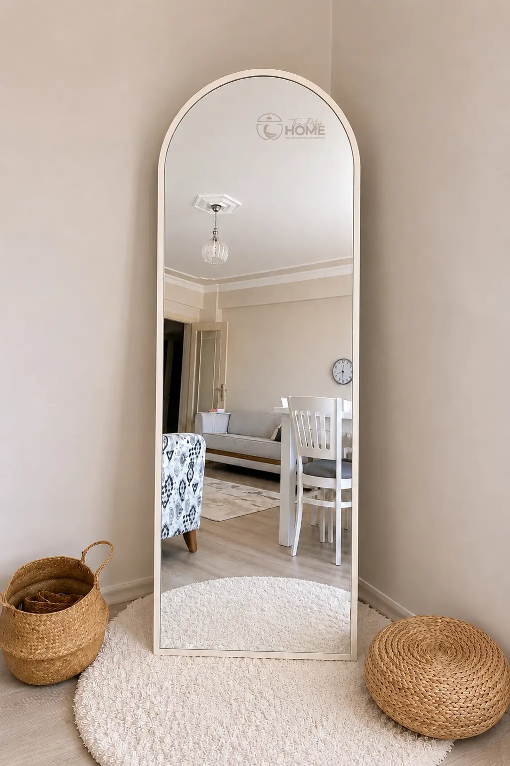 Arched full-length floor mirror with wooden stand, 6 x 2 ft