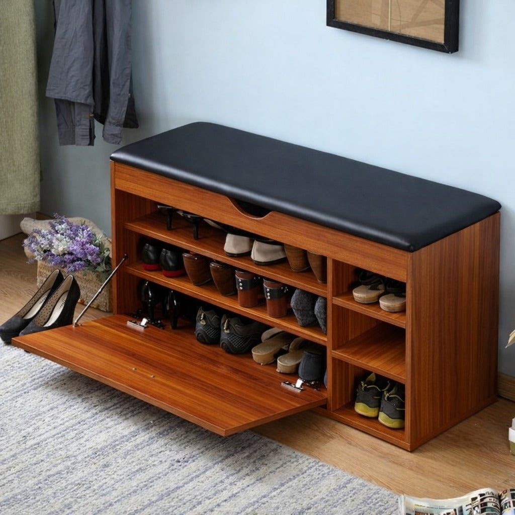 36-inch wooden shoe storage bench with cushioned top and flip-down door