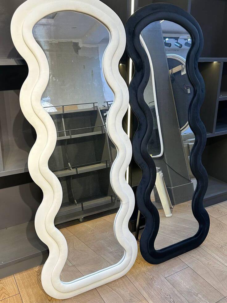 Luxury velvet-fabric full-length mirror with wooden stand, 6 x 2.4 ft