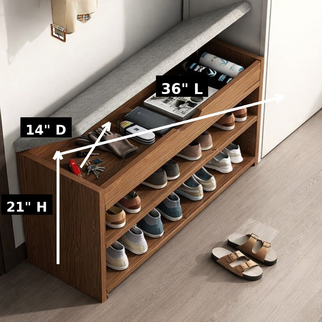 Wooden Shoe Storage Bench with Lift-Up Cushion & Open Shelves – Entryway Organizer