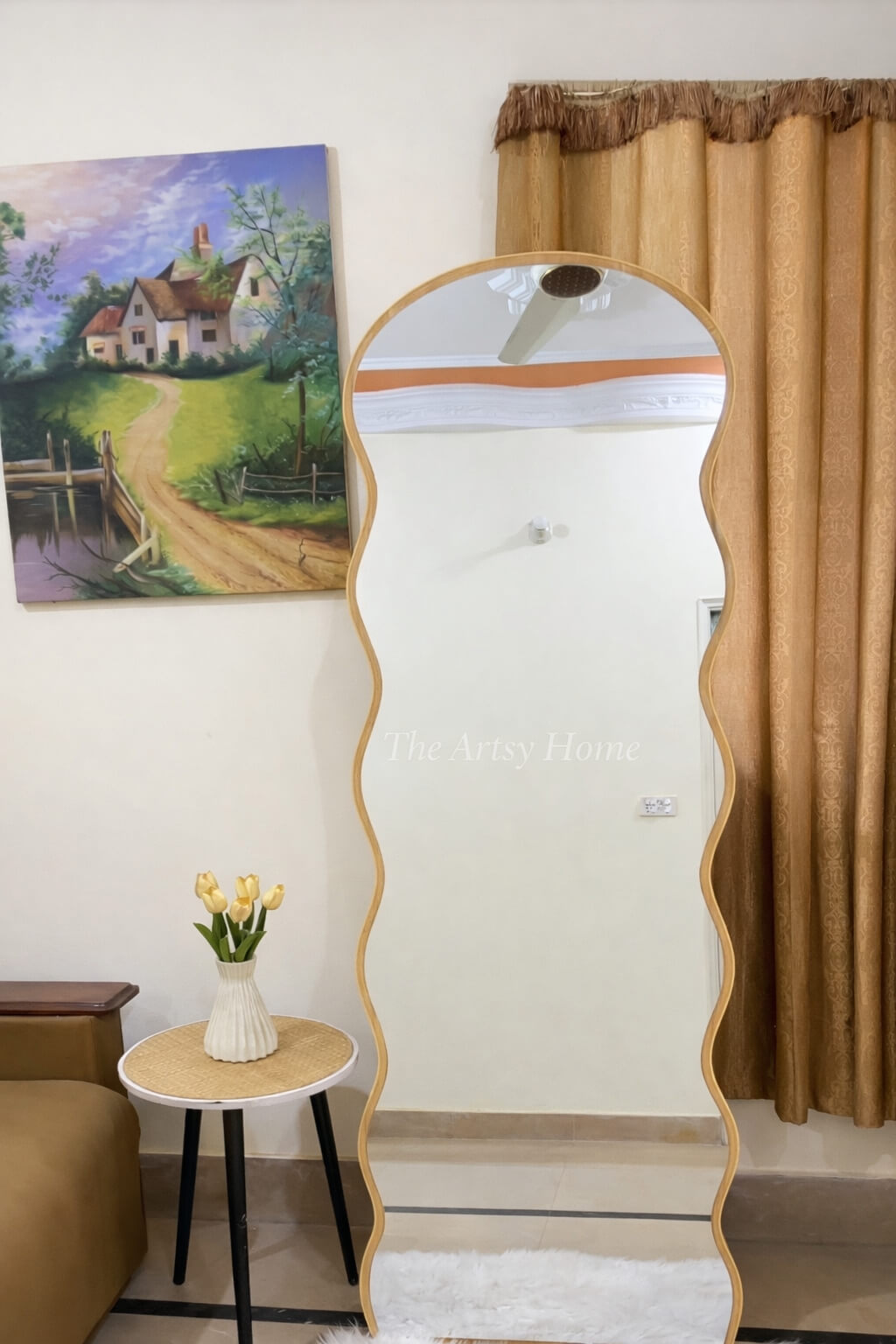 Luxury Wavy Floor Mirror 6×2 ft – Wooden Stand | Premium Finish