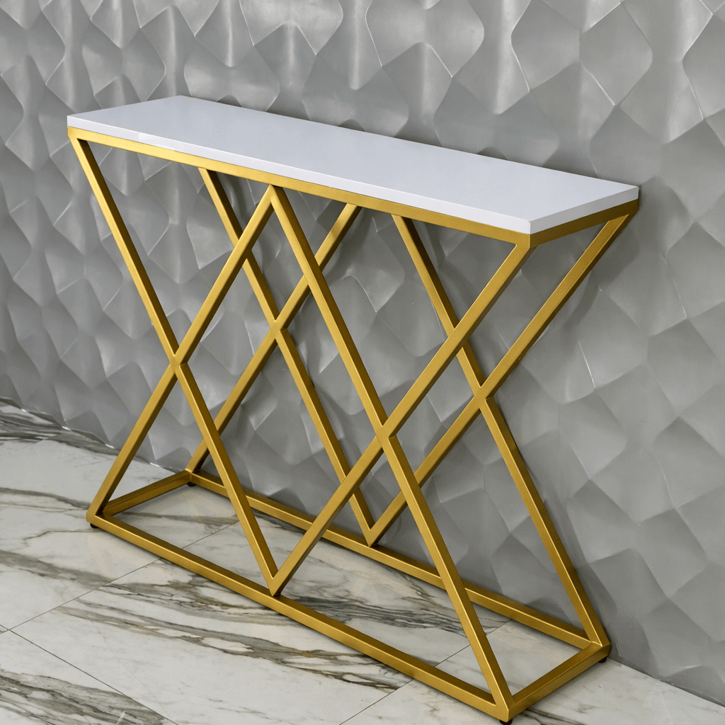 Luxury gold metal console table with white top and geometric frame