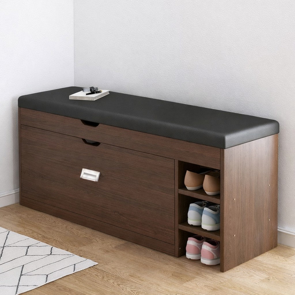 Wooden shoe storage bench with cushioned seat and side shelves