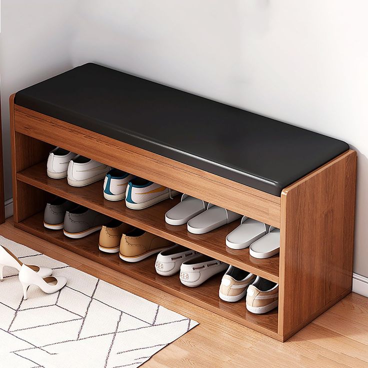 42-Inch Wooden Shoe Rack Bench with Cushion – Modern Entryway Shoe Storage Organizer