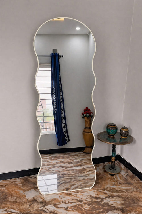 6x2 Ft Off-White Full Length Mirror with Stand | Modern Wavy Design