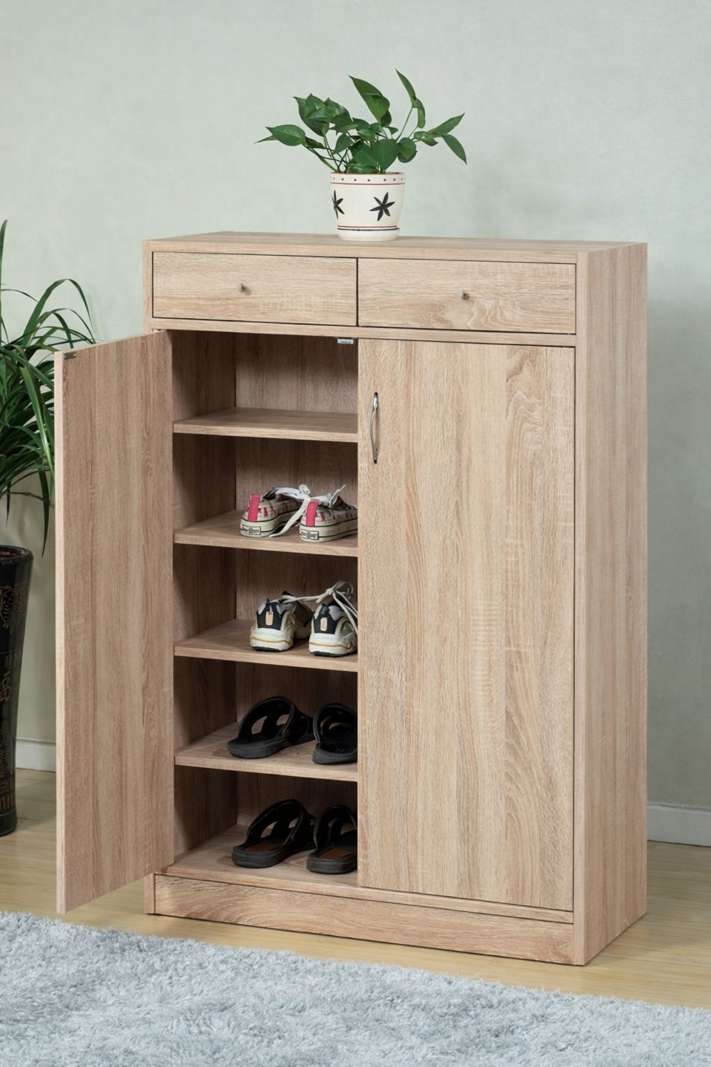 Wooden shoe storage cabinet with drawer and open shelves