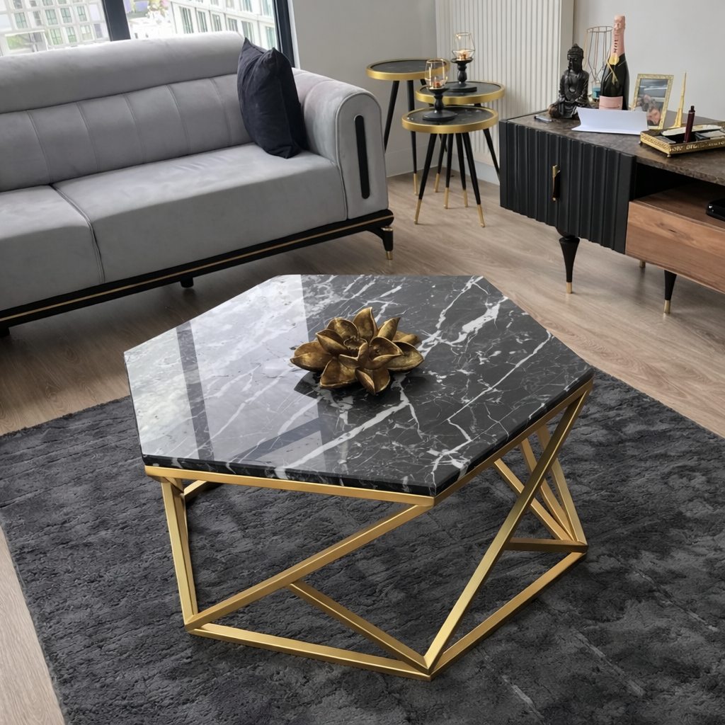 Luxury hexagon center table with marble-texture top and gold metal base