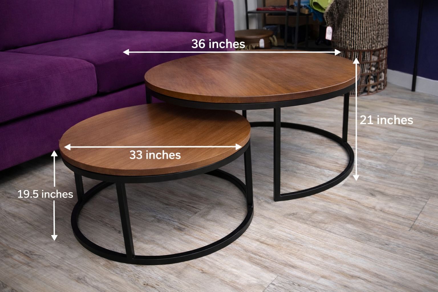 Modern Round Nesting Center Table Set – Wooden Top with Black Metal Base (2-Piece)