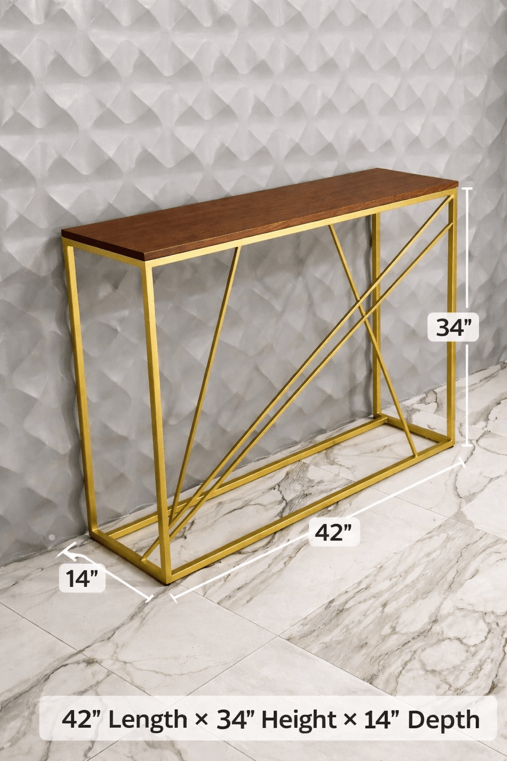 Luxury Metal Console Table – Wooden Top with Gold Geometric Frame