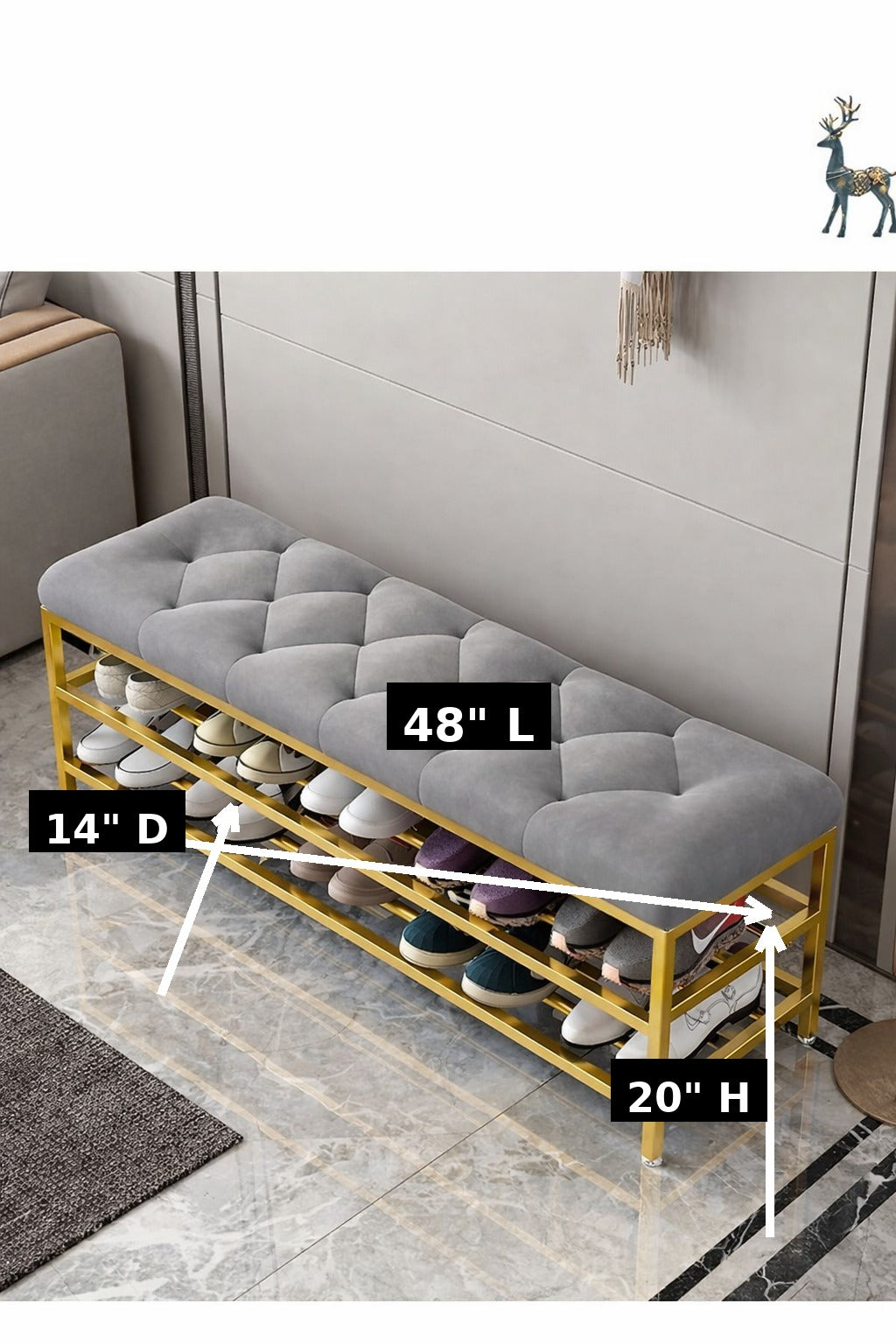 Metal Shoe Storage Bench with Tufted Cushion – Gold Frame Entryway Bench
Alternate title