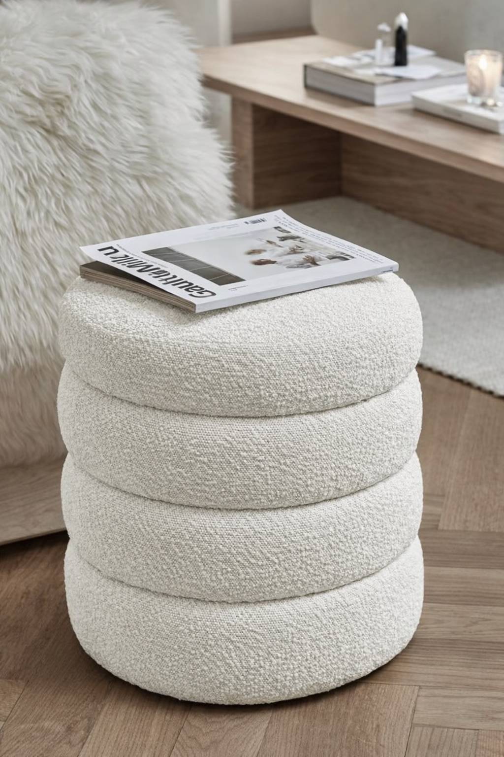 Round bouclé fabric ottoman pouf, modern footrest and accent stool