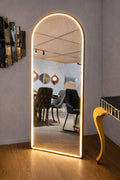 Luxury LED Arched Full-Length Mirror with Wooden Stand – Modern Floor Mirror for Bedroom & Living Room