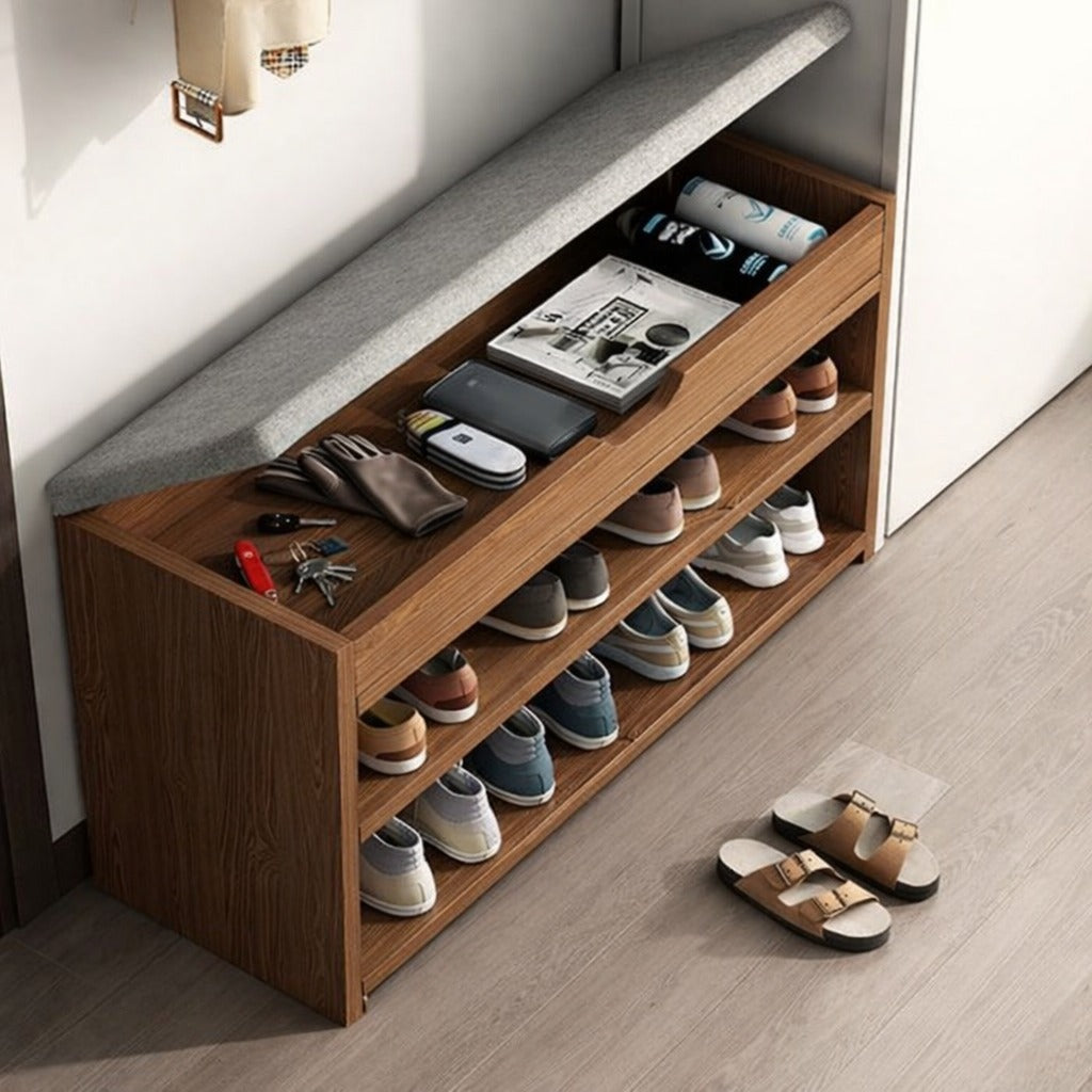 Wooden shoe storage bench with lift-up cushioned seat and open shelves