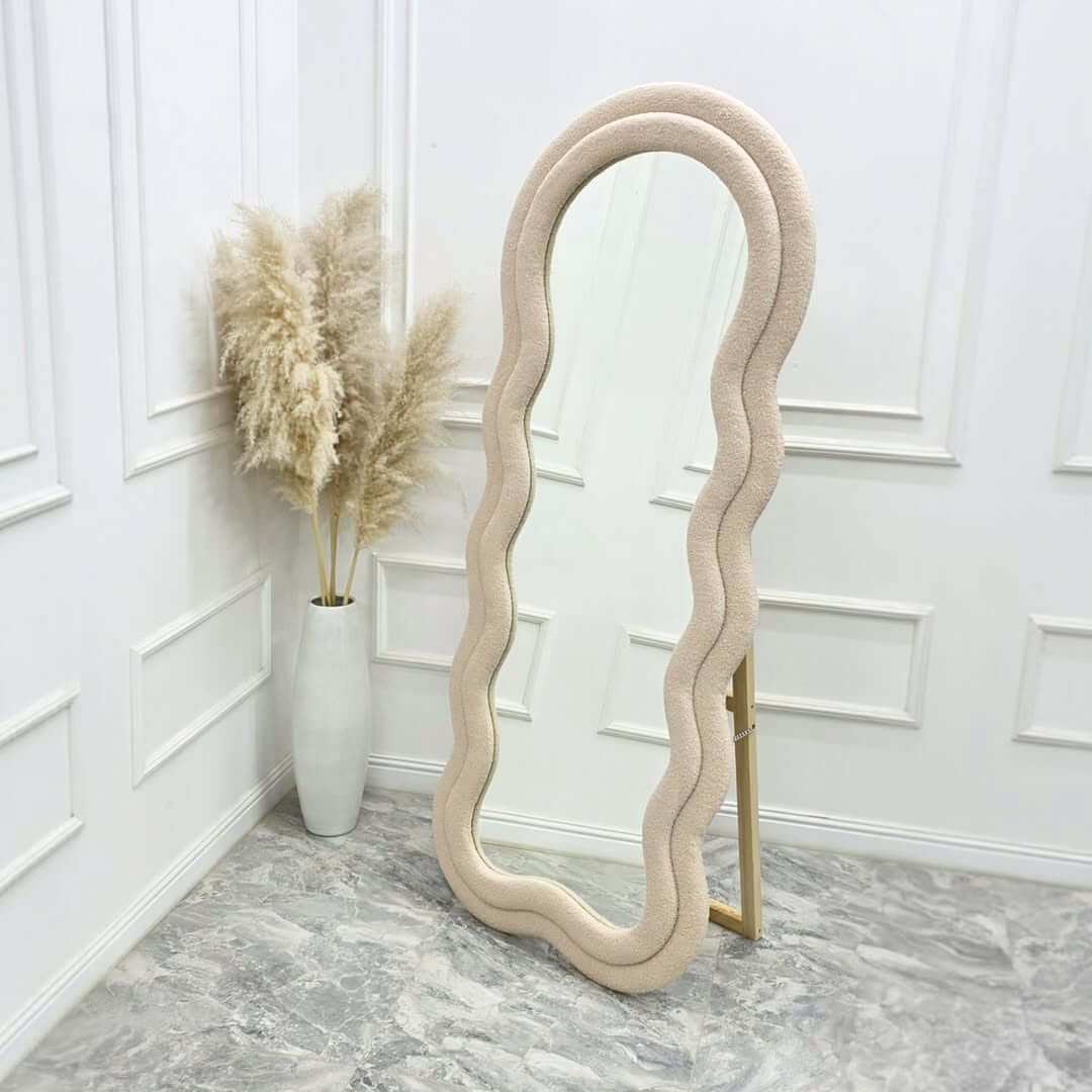 Wavy Full-Length Bouclé Fabric Mirror (6 × 2.4 ft) – Luxury Frame with Wooden Stand