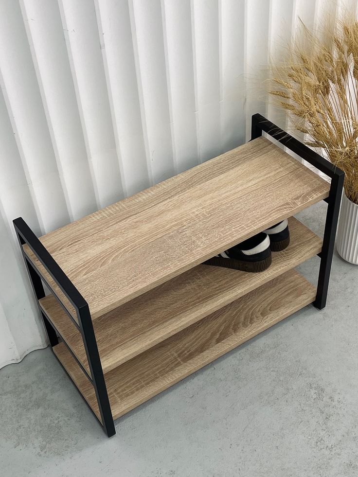 Modern 3-Tier Wooden Shoe Rack – 30″ Storage Bench with Metal Frame