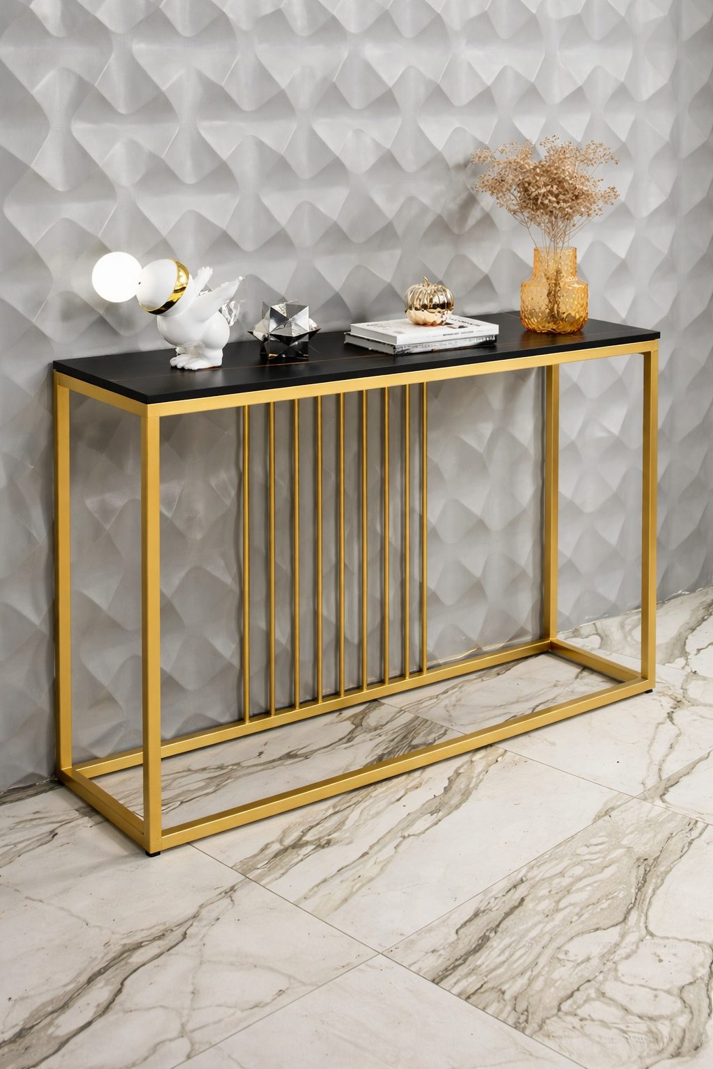 Luxury gold metal console table with black top for entryway