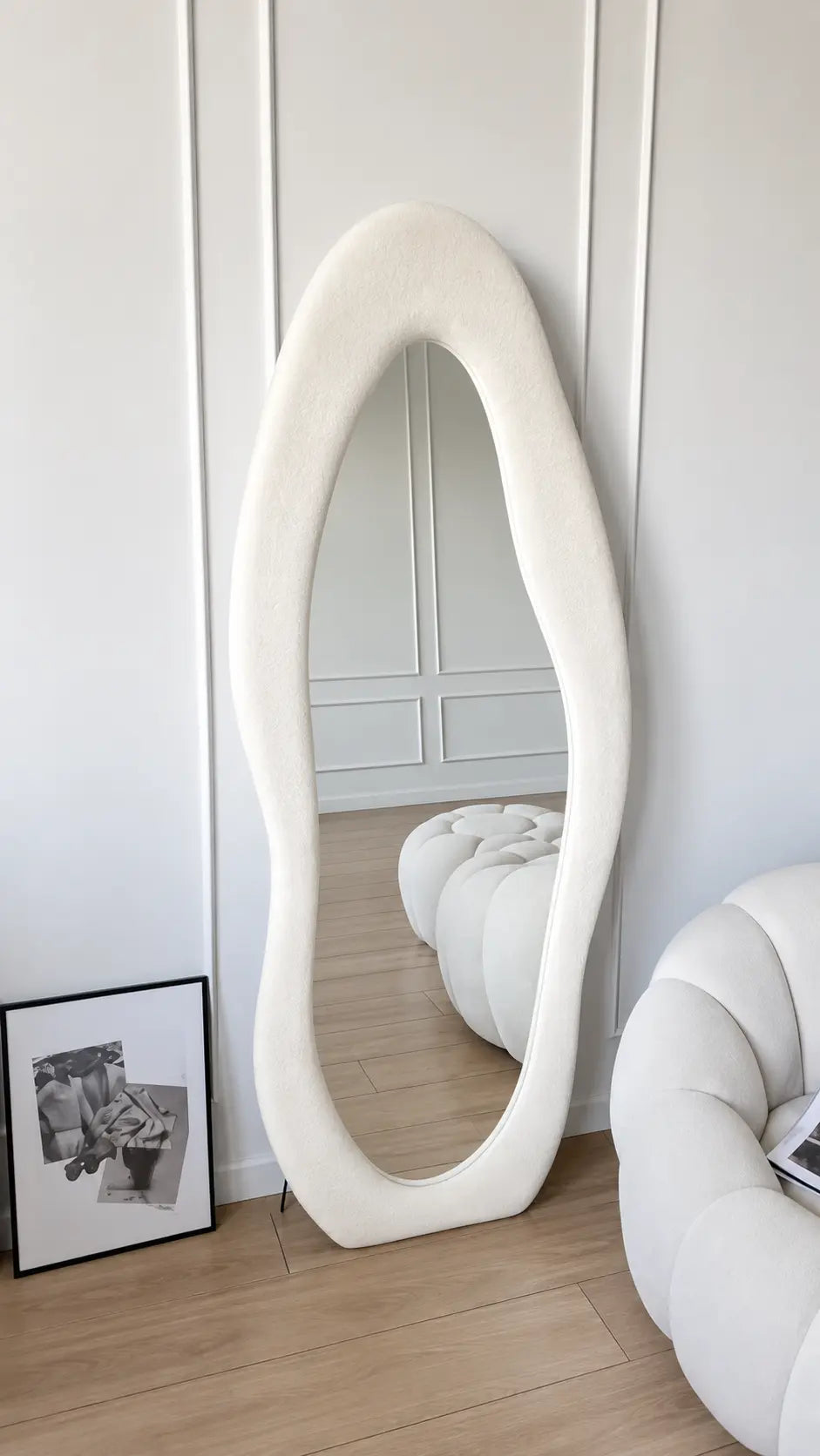 Luxury irregular-shape velvet full-length floor mirror with stand, 6 x 2.3 ft