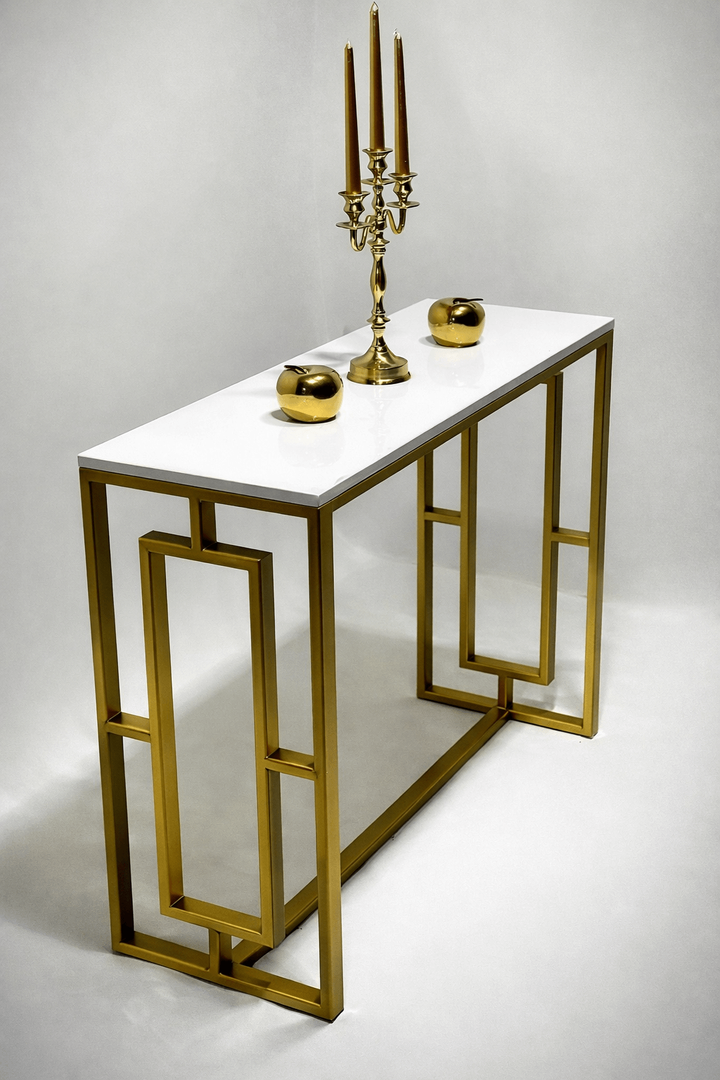 Luxury gold metal console table with white top for entryway