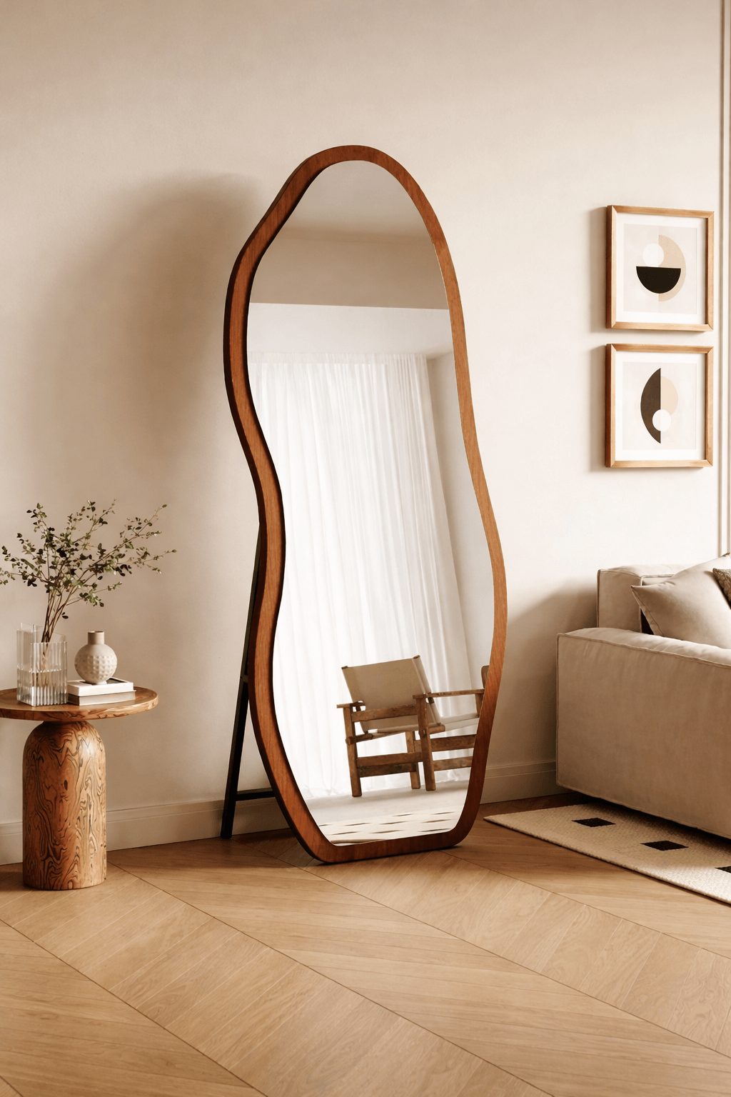 Wavy wooden-frame full-length standing mirror, 6 x 2.4 feet