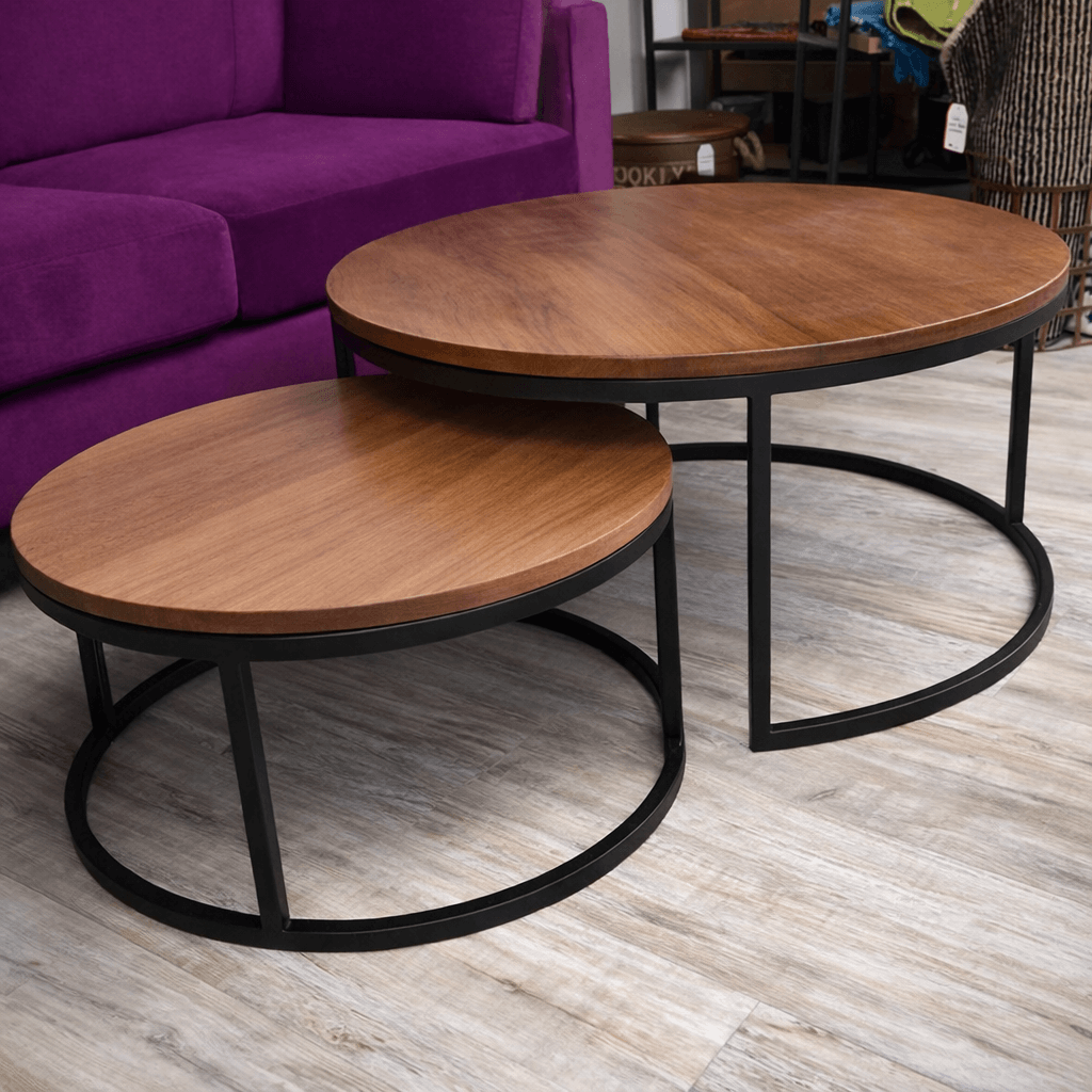 Modern round nesting center table set, wooden top with black metal base, 2 pieces