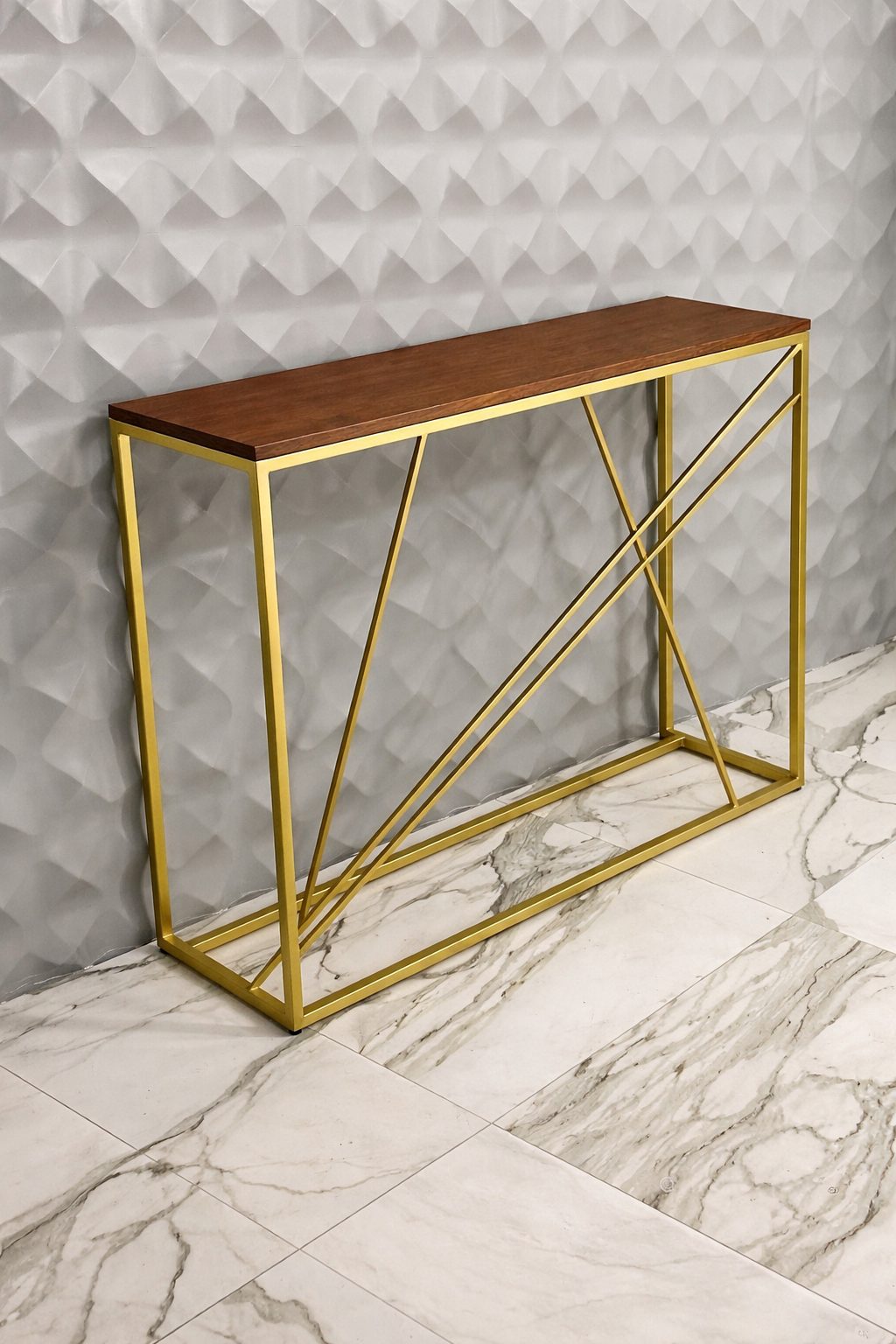 Luxury console table with wooden top and gold geometric metal frame