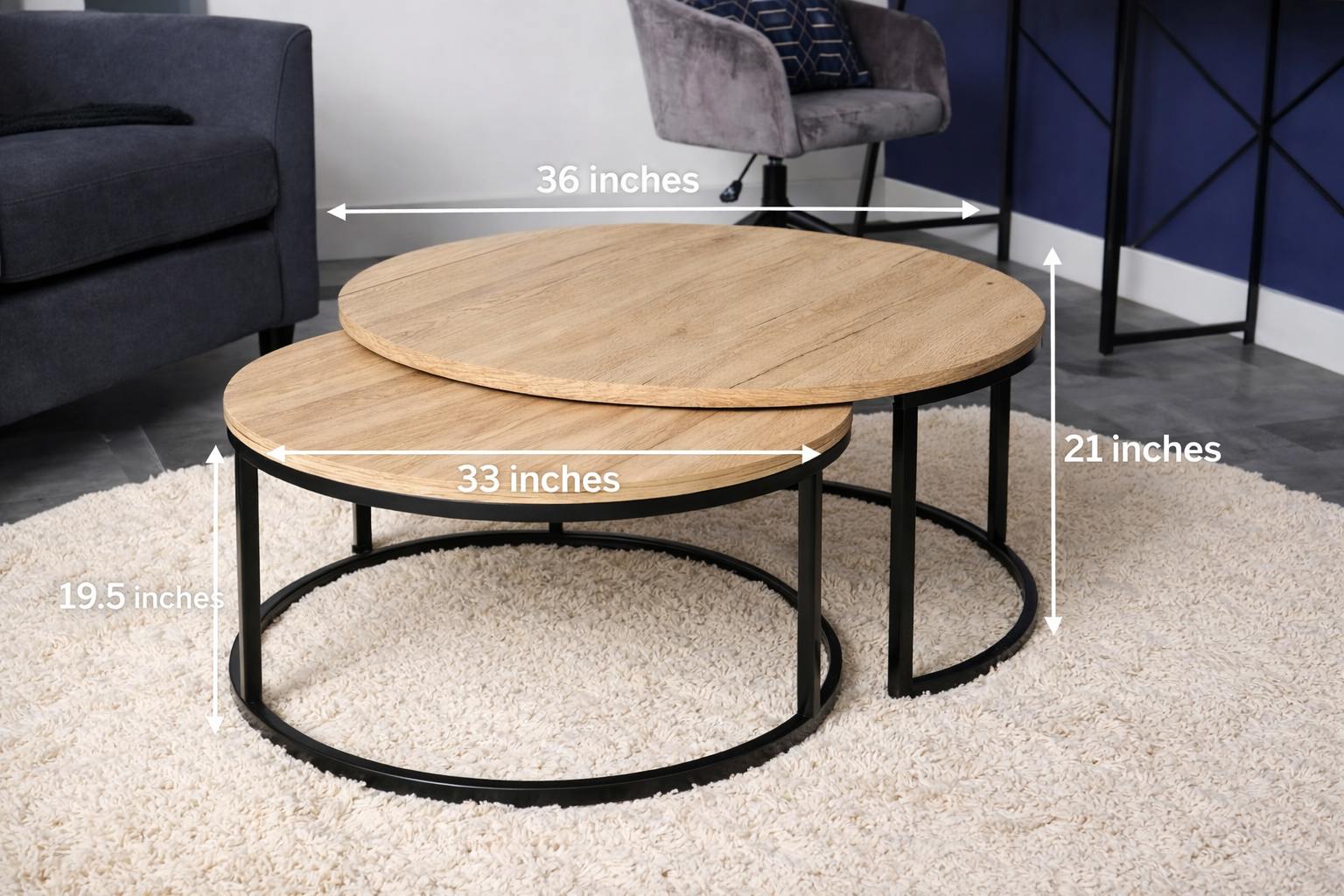 Modern Round Nesting Center Table Set – Natural Wood Top with Black Metal Ring Base (2-Piece)