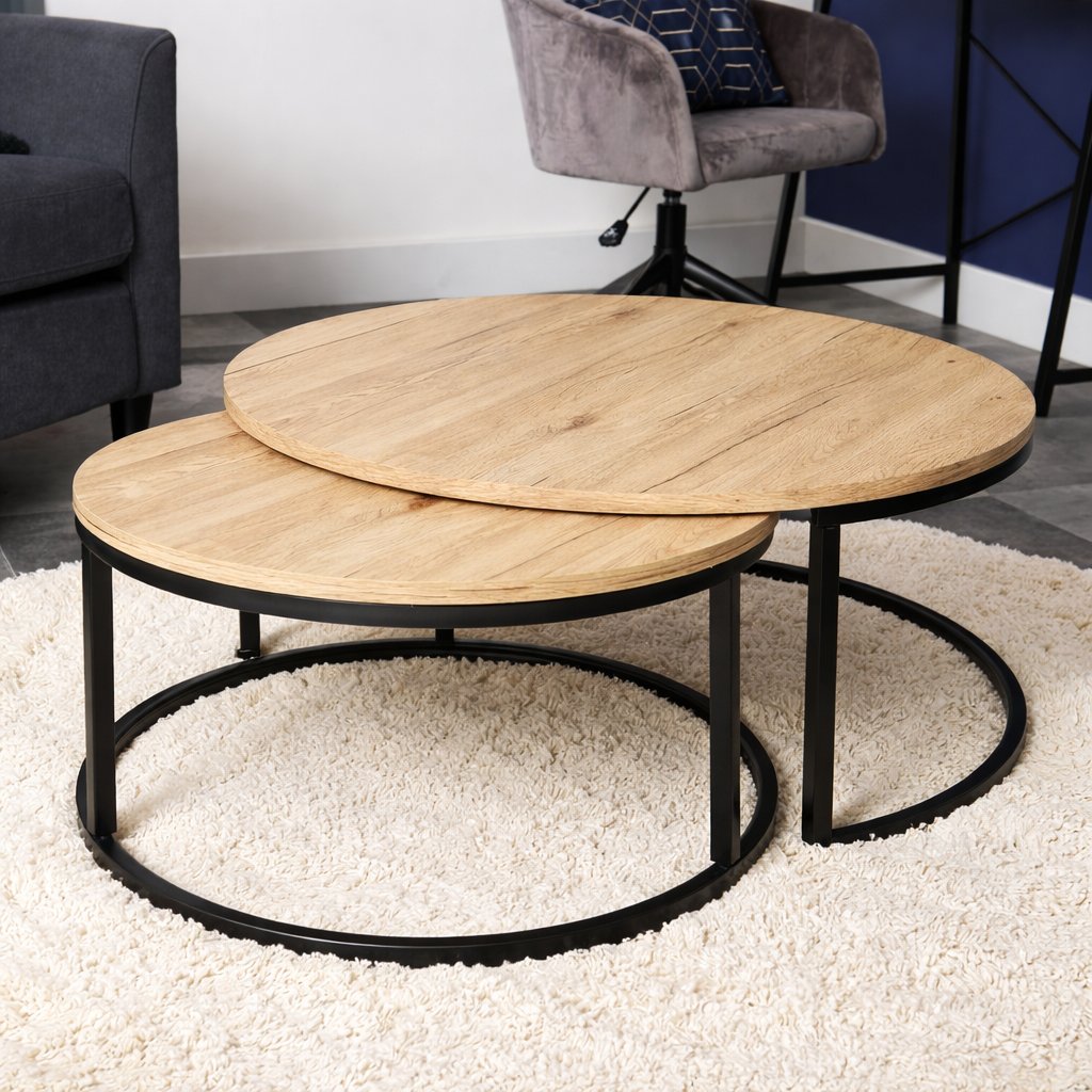 Modern round nesting center table set, natural wood top with black metal ring base, 2 pieces