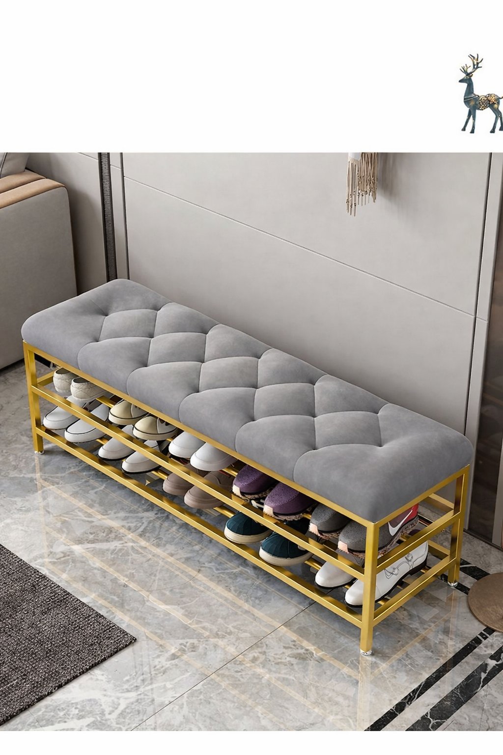 Metal shoe storage bench with tufted cushion and gold frame