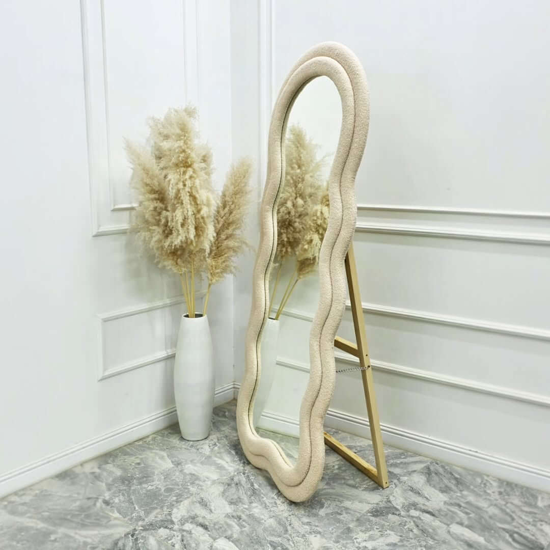 Wavy Full-Length Bouclé Fabric Mirror (6 × 2.4 ft) – Luxury Frame with Wooden Stand
