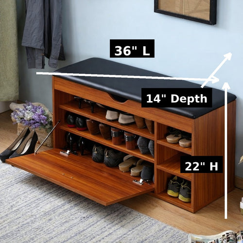 36” Wooden Shoe Storage Bench with Cushion & Flip-Down Door – Entryway Organizer