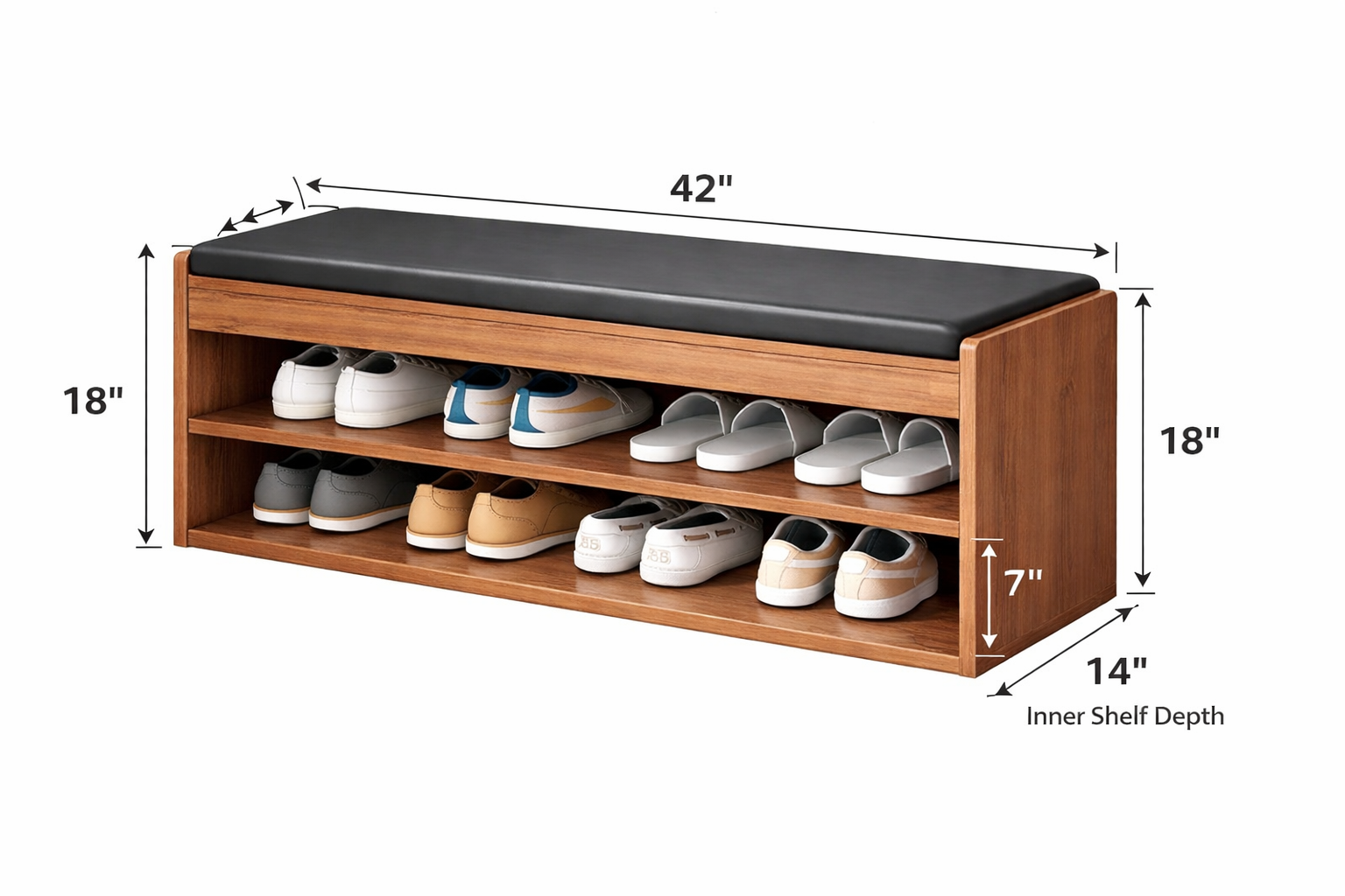 42-Inch Wooden Shoe Rack Bench with Cushion – Modern Entryway Shoe Storage Organizer