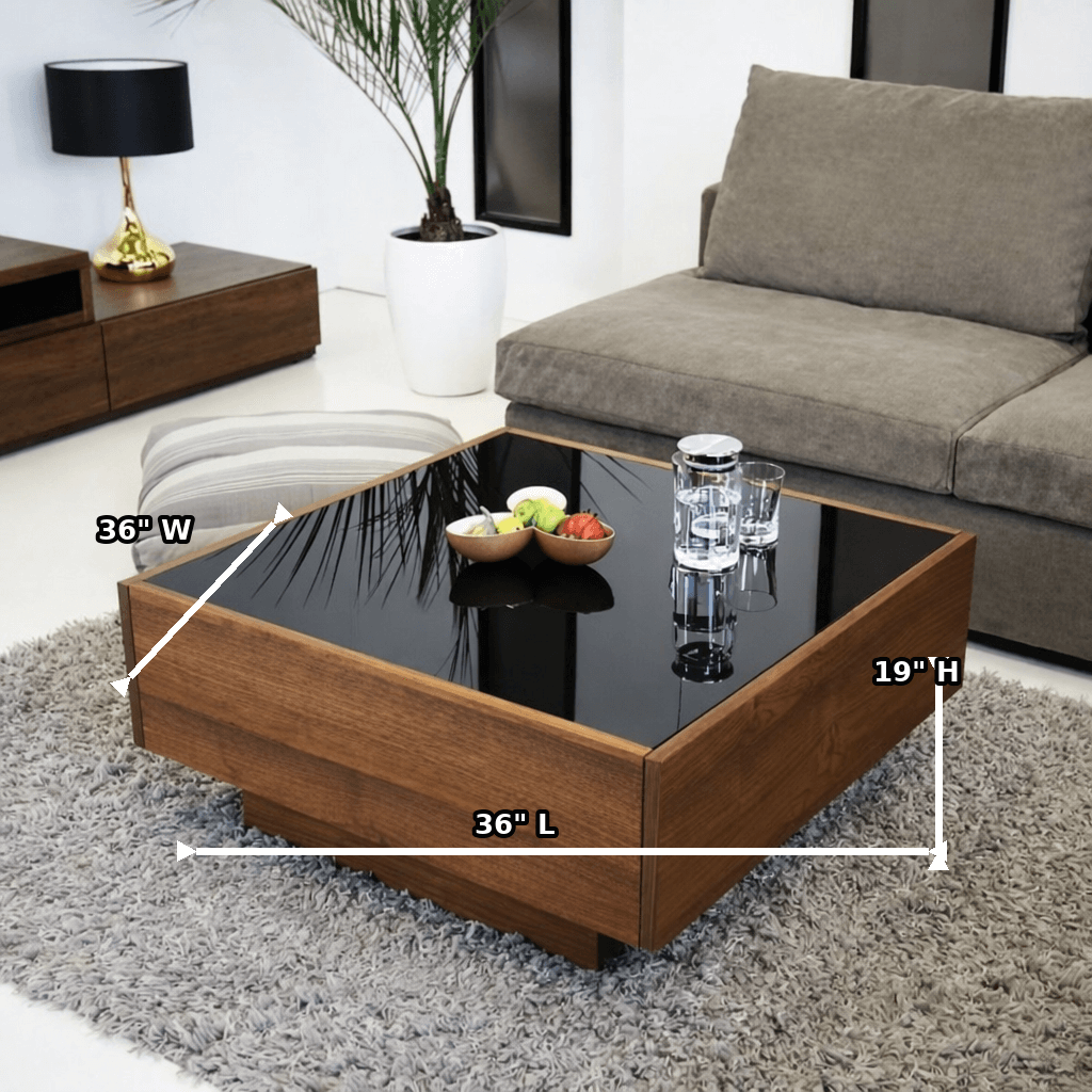 Modern Square Wooden Center Table with Black Glass Top