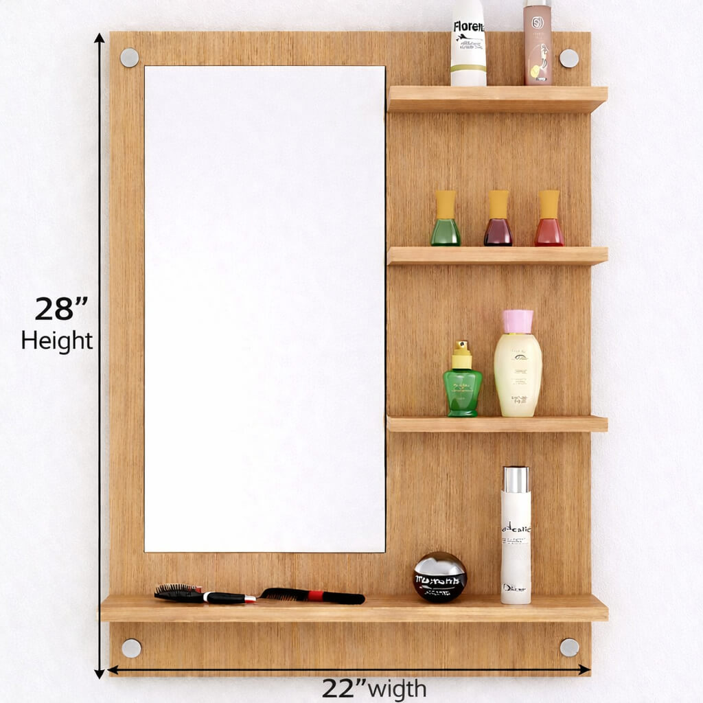 Wooden Wall Mirror with Storage Shelves