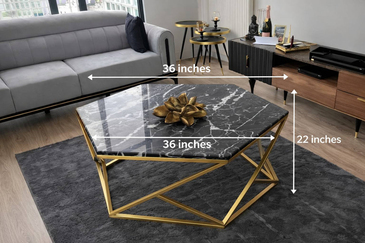 Luxury Hexagon Marble Texture Center Table with Gold Metal Base