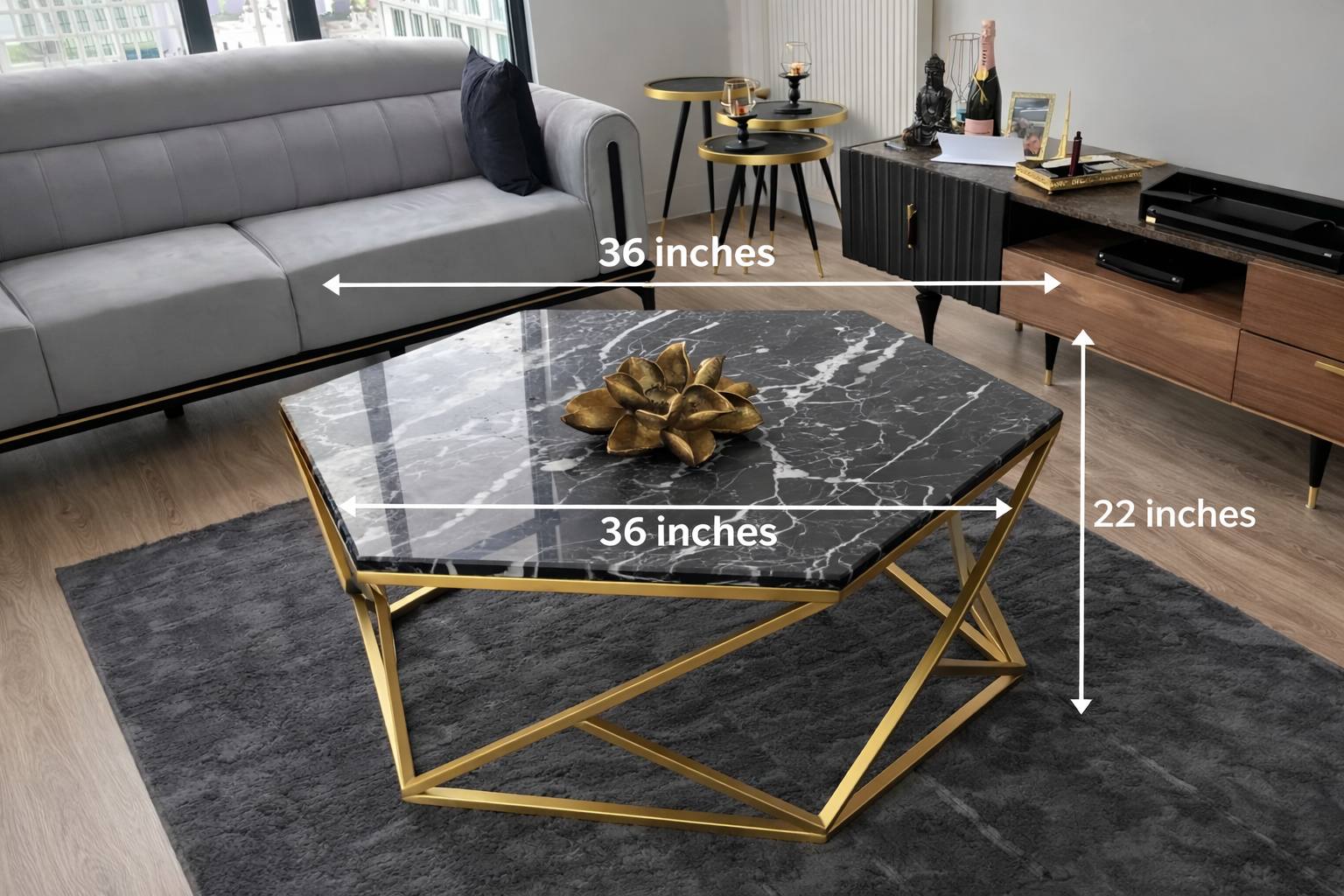Luxury Hexagon Marble Texture Center Table with Gold Metal Base