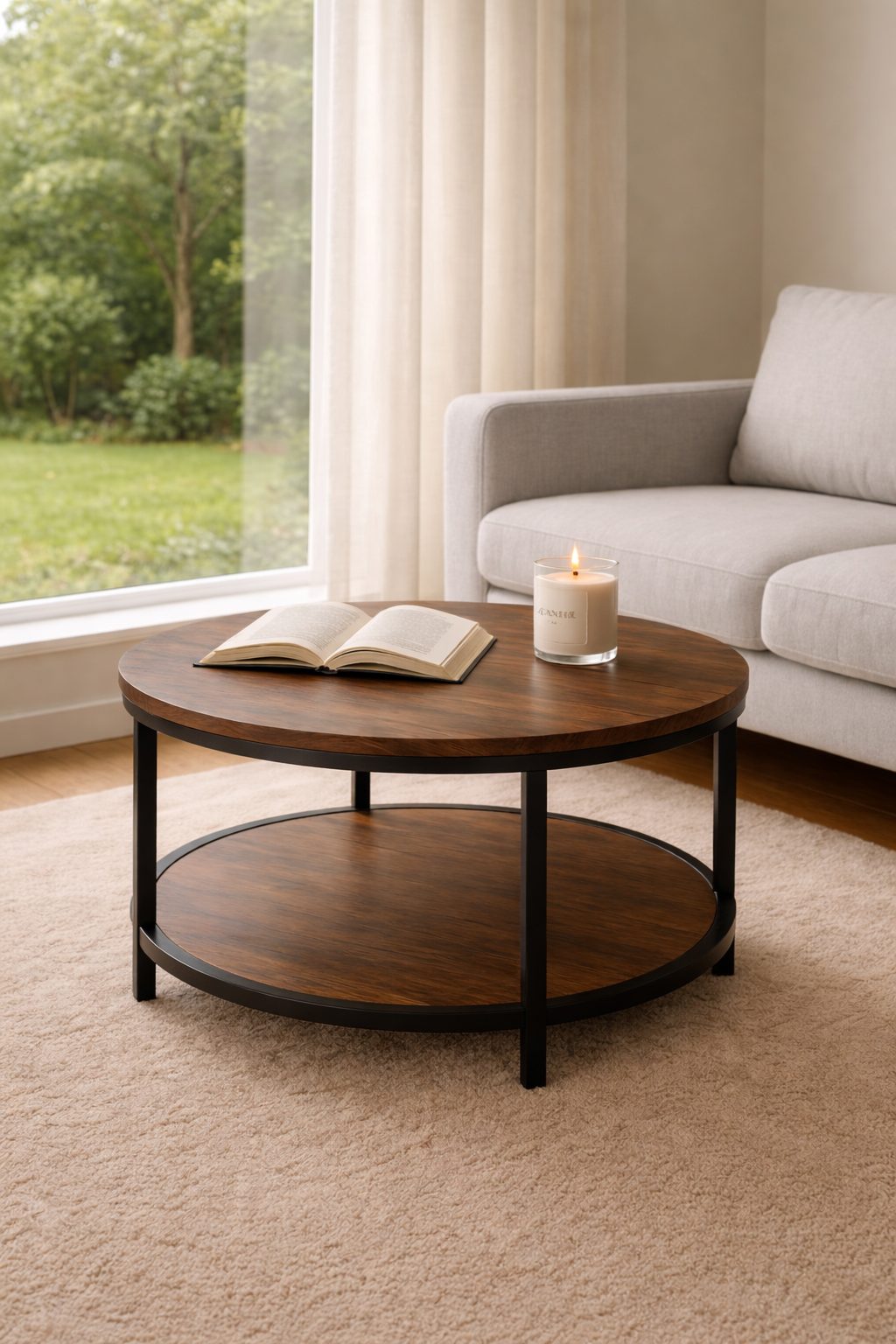 Round modern center table with metal frame and waterproof MDF top