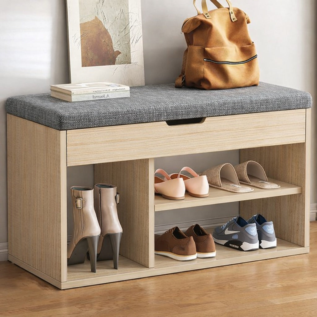 Wooden entryway bench with cushioned seat and hidden shoe storage