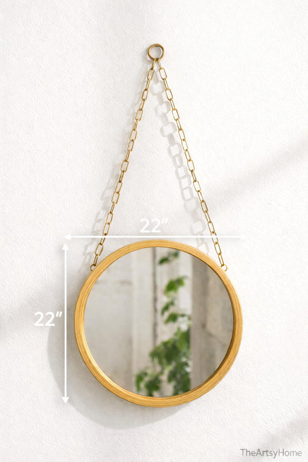 Round Wooden Frame Hanging Mirror 22” × 22” | Minimal Wall Décor Mirror with Chain