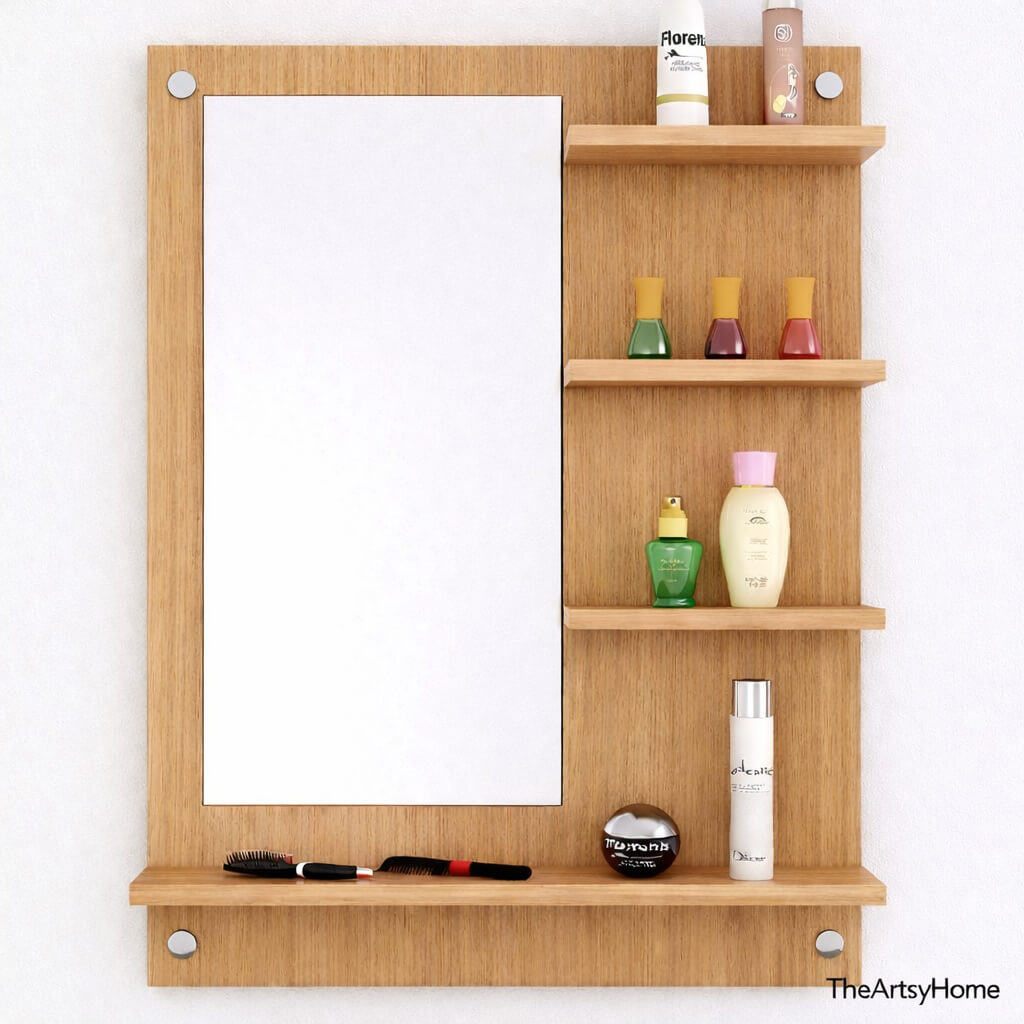Wooden Wall Mirror with Storage Shelves