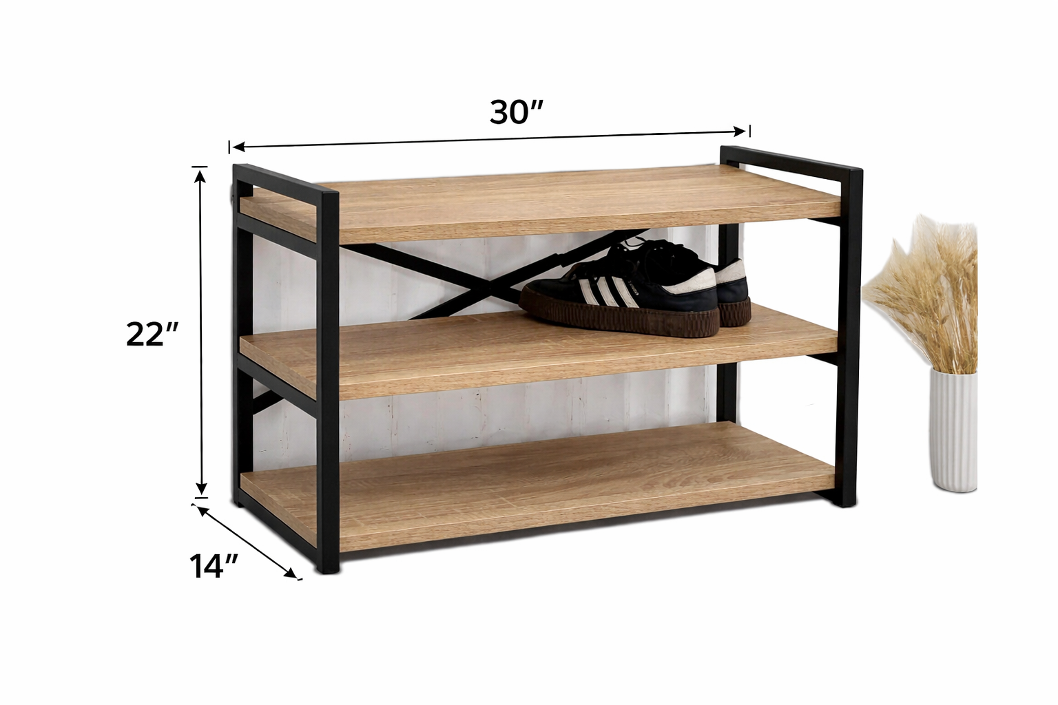 Modern 3-Tier Wooden Shoe Rack – 30″ Storage Bench with Metal Frame