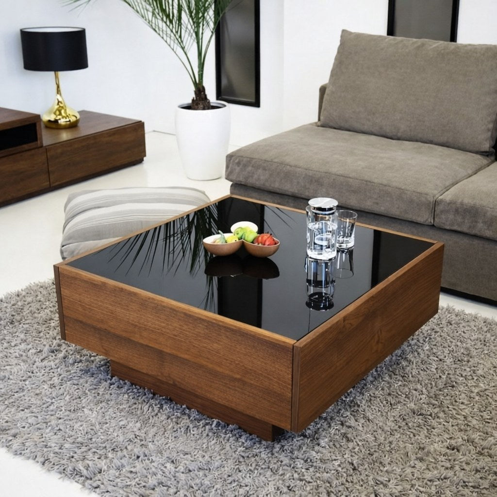 Modern square wooden center table with black glass top