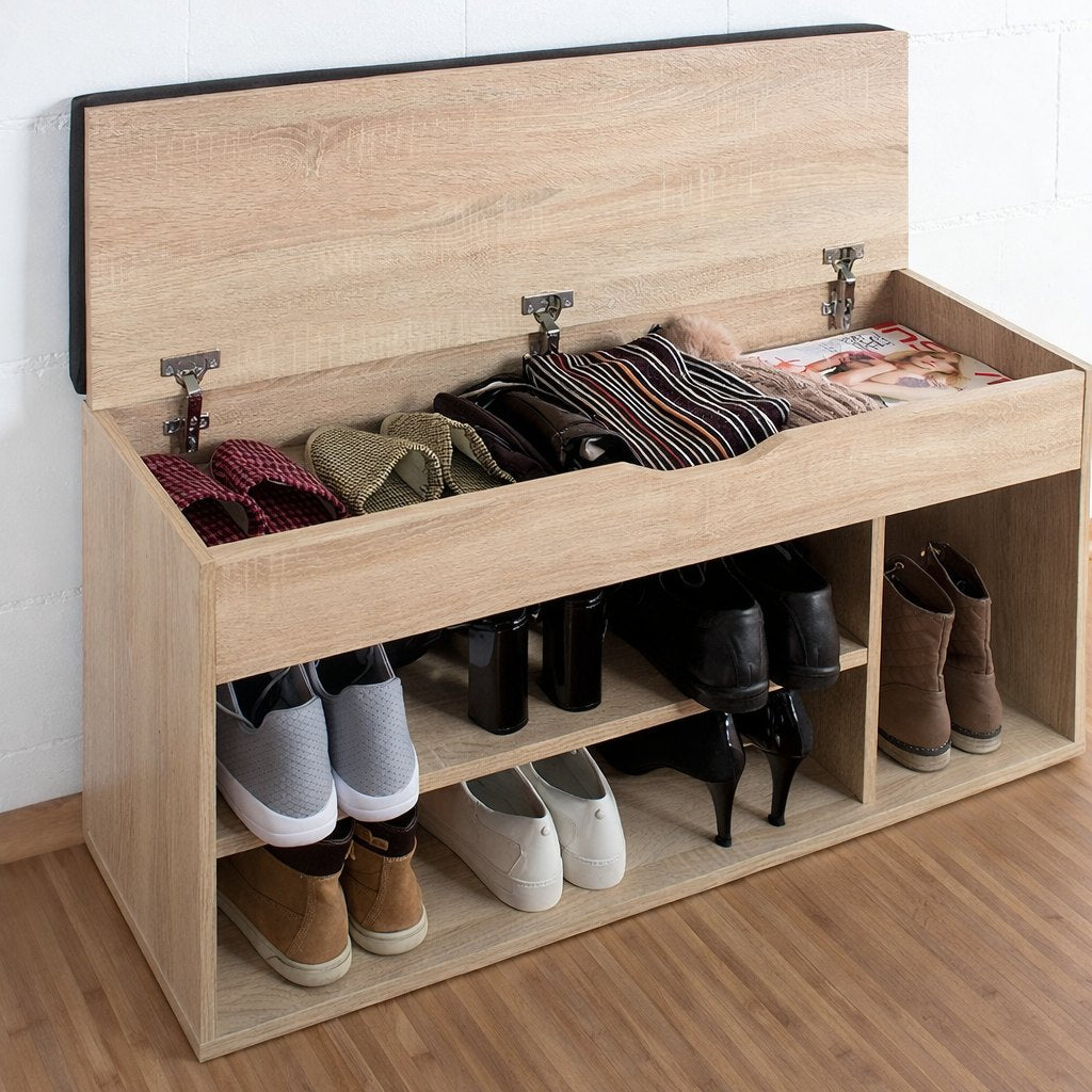 Wooden Entryway Bench with Cushion & Hidden Storage – Shoe Rack Organizer